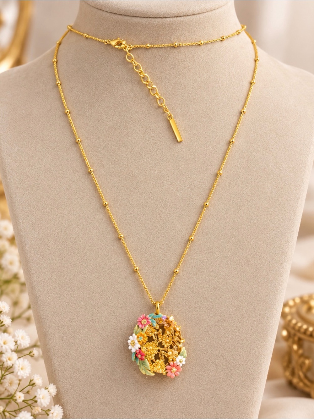 LES NEREIDES JEWELS OF THE PEAKS COLLECTION ROCK FLOWER DAISIES ZINNIAS NECKLACE